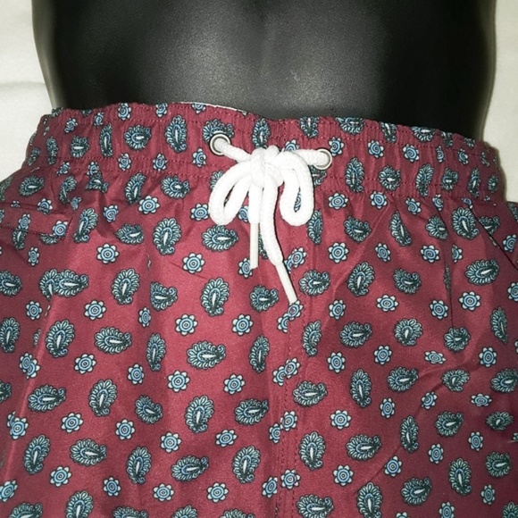 Men's Burgundy Red Blue Paisley Swim Trunks Shorts - Picture 6 of 7
